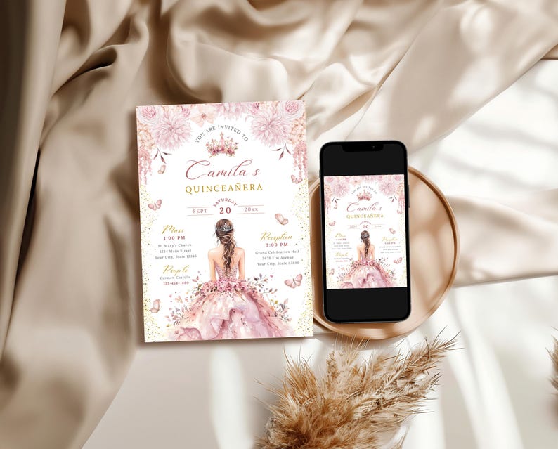 A printable pink and gold quinceañera invitation template featuring a watercolor flower border, a princess in a pink gown facing away, delicate butterflies, and a tiara design. Editable digital file for Mis Quince Años or Sweet 15 celebration.