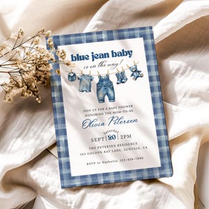 Blue Jean Baby Shower Invitation, Denim Baby Shower Template Boy, Editable Blue Jean Baby Invite, A Blue Jean Baby is On The Way, BS012