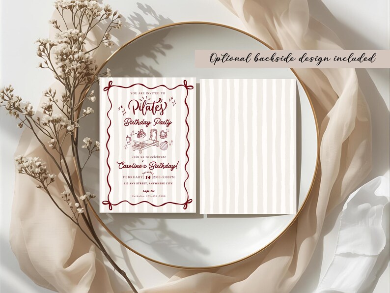 A soft and elegant Pilates birthday invitation featuring hand-drawn Pilates reformer illustrations, Pilates accessories, and minimal line art in a neutral beige and deep red color palette. This editable Pilates birthday party invitation template is designed with subtle stripes, a whimsical border, and modern script typography, perfect for a Pilates-themed birthday celebration or fitness party.