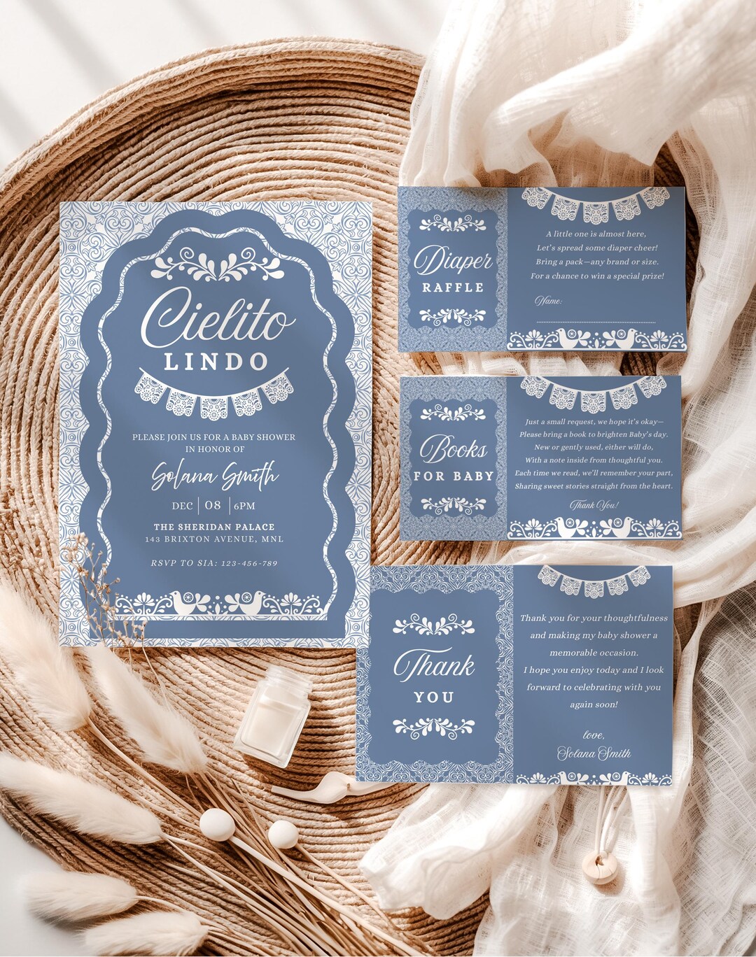 Blue Cielito Lindo Baby Shower Invitation Set, Editable Cielito