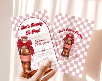 Invitación para baby shower "Está lista para explotar", plantilla editable de refresco rosa y rojo, baby shower de niña con refresco retro, restaurante de cola, BS022