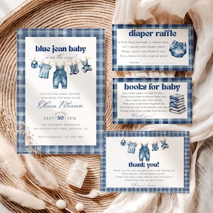 Blue Jean Baby Shower Invitation Set, Denim Baby Shower Template Boy, Editable Blue Jean Baby Invite, A Blue Jean Baby is On The Way, BS012
