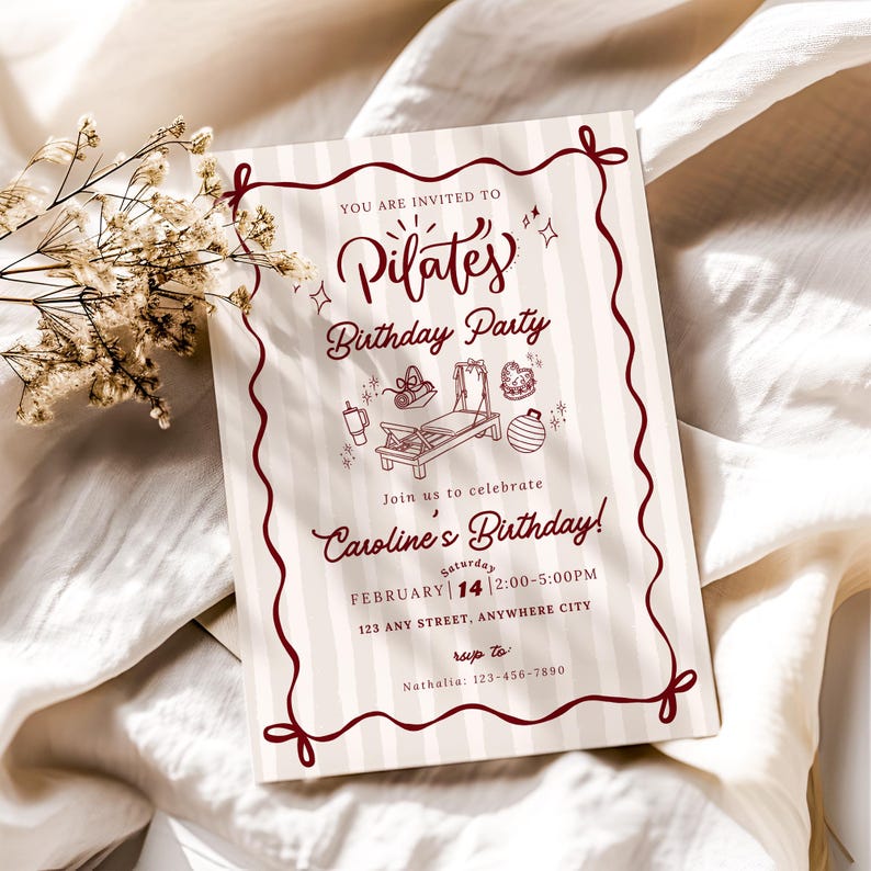 A soft and elegant Pilates birthday invitation featuring hand-drawn Pilates reformer illustrations, Pilates accessories, and minimal line art in a neutral beige and deep red color palette. This editable Pilates birthday party invitation template is designed with subtle stripes, a whimsical border, and modern script typography, perfect for a Pilates-themed birthday celebration or fitness party.