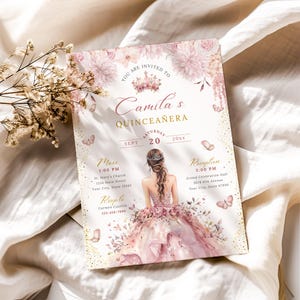 A printable pink and gold quinceañera invitation template featuring a watercolor flower border, a princess in a pink gown facing away, delicate butterflies, and a tiara design. Editable digital file for Mis Quince Años or Sweet 15 celebration.