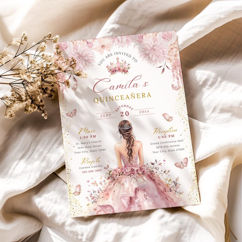 A printable pink and gold quinceañera invitation template featuring a watercolor flower border, a princess in a pink gown facing away, delicate butterflies, and a tiara design. Editable digital file for Mis Quince Años or Sweet 15 celebration.