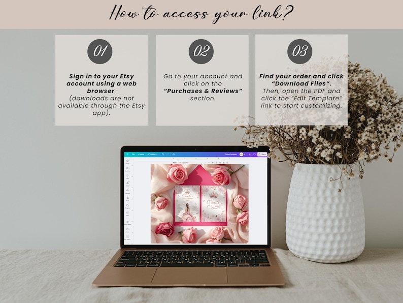 A printable pink and gold quinceañera invitation template featuring a watercolor flower border, a princess in a pink gown facing away, delicate butterflies, and a tiara design. Editable digital file for Mis Quince Años or Sweet 15 celebration.