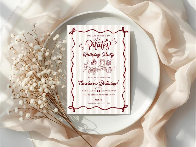A soft and elegant Pilates birthday invitation featuring hand-drawn Pilates reformer illustrations, Pilates accessories, and minimal line art in a neutral beige and deep red color palette. This editable Pilates birthday party invitation template is designed with subtle stripes, a whimsical border, and modern script typography, perfect for a Pilates-themed birthday celebration or fitness party.