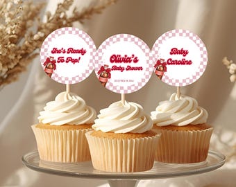 She's Ready to Pop Pink Cupcake Toppers, Editable Pink Soda Pop Baby Shower Topper, Retro Cola Party Stickers, Digital Download, BS022