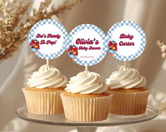 Elle est prête à décorer des décorations pour cupcakes bleus, des décorations pour baby shower modifiables Soda Pop, des autocollants de fête rétro Cola, en téléchargement numérique, BS022