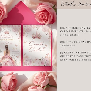 A printable pink and gold quinceañera invitation template featuring a watercolor flower border, a princess in a pink gown facing away, delicate butterflies, and a tiara design. Editable digital file for Mis Quince Años or Sweet 15 celebration.
