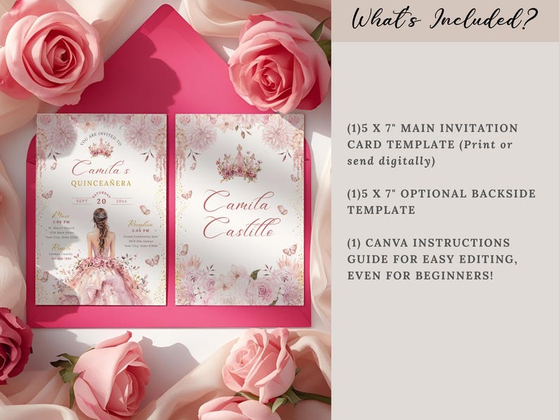 A printable pink and gold quinceañera invitation template featuring a watercolor flower border, a princess in a pink gown facing away, delicate butterflies, and a tiara design. Editable digital file for Mis Quince Años or Sweet 15 celebration.