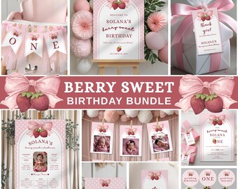 Berry Sweet First Birthday Bundle, Editable Strawberry 1st Birthday Printables, Berry Sweet One Decorations, BD001