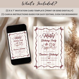 A soft and elegant Pilates birthday invitation featuring hand-drawn Pilates reformer illustrations, Pilates accessories, and minimal line art in a neutral beige and deep red color palette. This editable Pilates birthday party invitation template is designed with subtle stripes, a whimsical border, and modern script typography, perfect for a Pilates-themed birthday celebration or fitness party.