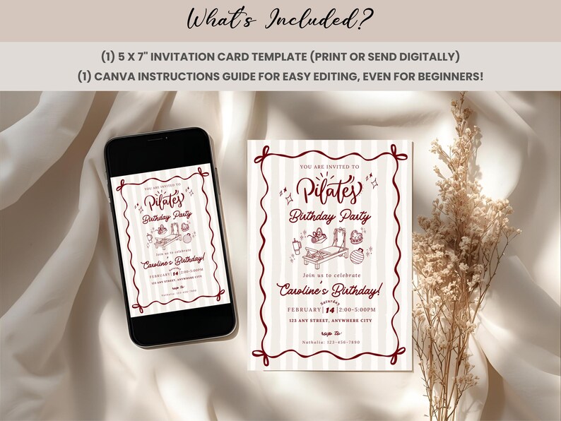 A soft and elegant Pilates birthday invitation featuring hand-drawn Pilates reformer illustrations, Pilates accessories, and minimal line art in a neutral beige and deep red color palette. This editable Pilates birthday party invitation template is designed with subtle stripes, a whimsical border, and modern script typography, perfect for a Pilates-themed birthday celebration or fitness party.