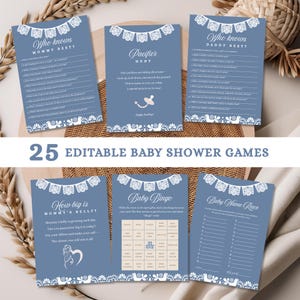 Blaue Cielito Lindo Babyparty Spiele, Cielito Lindo Babyparty Bearbeitbares Spielpaket, Mexikanische Talavera Babyparty Spiele, Papel Picado Spiele