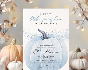 Blue Little Pumpkin Baby Shower Invitation Boy, Watercolor Blue Fall Theme Invite, Printable Fall Minimalist Baby Shower Template BS010
