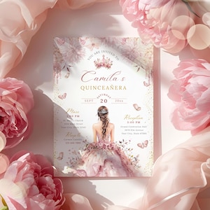 A printable pink and gold quinceañera invitation template featuring a watercolor flower border, a princess in a pink gown facing away, delicate butterflies, and a tiara design. Editable digital file for Mis Quince Años or Sweet 15 celebration.