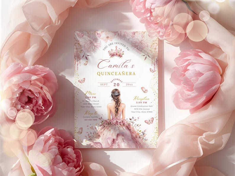 A printable pink and gold quinceañera invitation template featuring a watercolor flower border, a princess in a pink gown facing away, delicate butterflies, and a tiara design. Editable digital file for Mis Quince Años or Sweet 15 celebration.