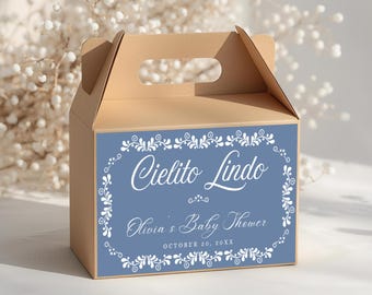 Editable Blue Cielito Lindo Gable Box Label Template, Printable Mexican Talavera Gift Box Sticker, Fiesta Party Favor Box Label, BS003
