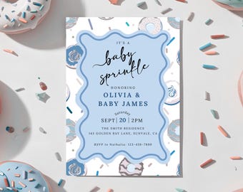 Editable Blue Donut Baby Sprinkle Invitation, Donuts Baby Shower Invite Boy, Baby Sprinkle Shower Template, Donut Party Printable, BS017
