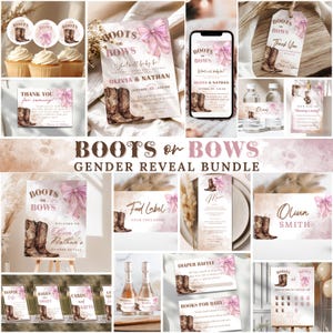 May include: A selection of party supplies for a gender reveal, themed around "Boots or Bows". The items include invitations, cupcake decorations, thank you cards, and signs, with cowboy boots and pink bows.