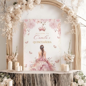 A printable pink and gold quinceañera invitation template featuring a watercolor flower border, a princess in a pink gown facing away, delicate butterflies, and a tiara design. Editable digital file for Mis Quince Años or Sweet 15 celebration.