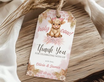 Etichetta per baby shower con ragazza boho e mucca delle Highlands, etichetta di ringraziamento per baby shower con mucca sacra rosa modificabile, etichetta regalo con mucca delle Highlands, BS020