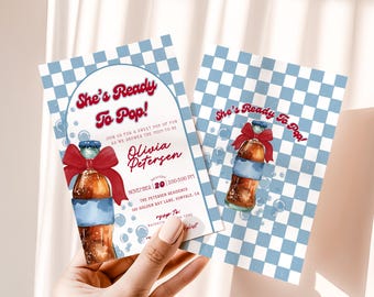 Invitación para baby shower "She's Ready To Pop" para niño, plantilla editable de refresco azul y rojo, baby shower de refresco retro para niño, restaurante de cola, BS022
