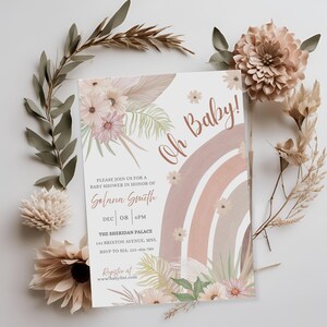 Boho Rainbow Baby Shower Invitation Template, Editable Boho Baby Invite, Muted Rainbow Baby Shower Printable, Neutral Baby Shower Invitation