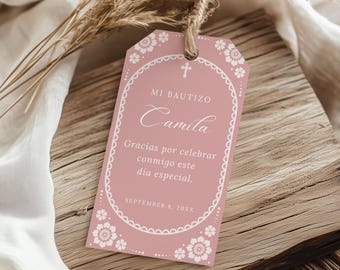 Mi Bautizo Favor Tag Mall, Redigerbar Rosa Cielito Lindo Talavera Baptism Favor Tag, Bautizo Papel Picado Spanish Thank You Tag, BP001
