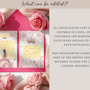 A printable pink and gold quinceañera invitation template featuring a watercolor flower border, a princess in a pink gown facing away, delicate butterflies, and a tiara design. Editable digital file for Mis Quince Años or Sweet 15 celebration.