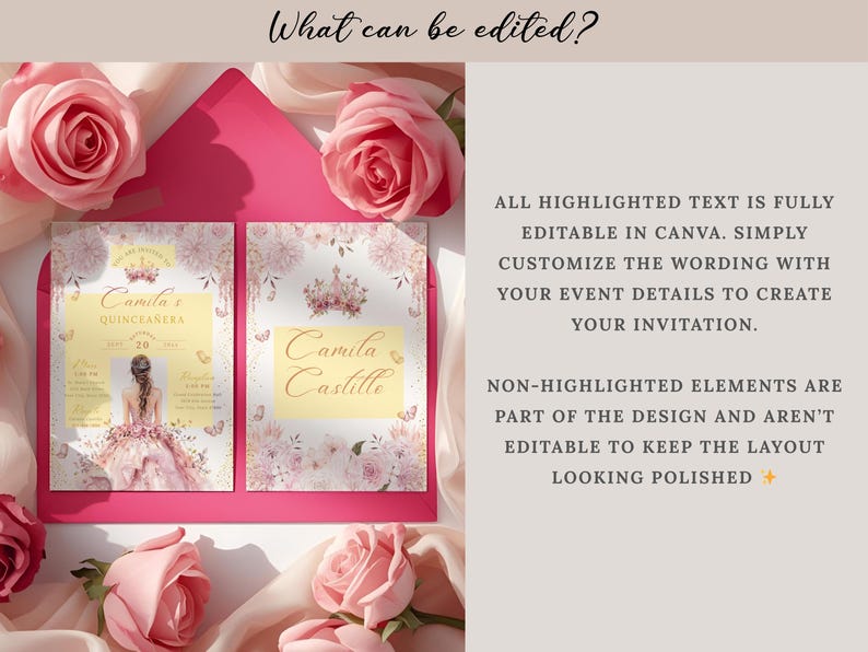 A printable pink and gold quinceañera invitation template featuring a watercolor flower border, a princess in a pink gown facing away, delicate butterflies, and a tiara design. Editable digital file for Mis Quince Años or Sweet 15 celebration.