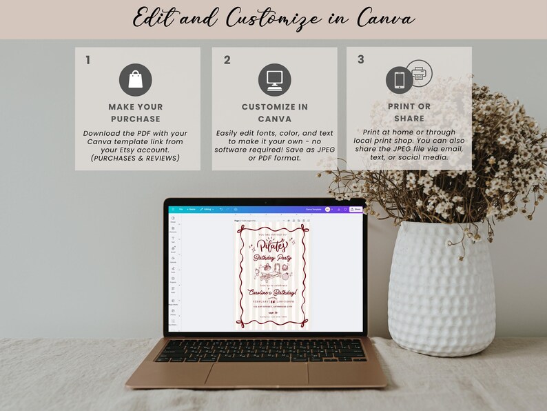 A soft and elegant Pilates birthday invitation featuring hand-drawn Pilates reformer illustrations, Pilates accessories, and minimal line art in a neutral beige and deep red color palette. This editable Pilates birthday party invitation template is designed with subtle stripes, a whimsical border, and modern script typography, perfect for a Pilates-themed birthday celebration or fitness party.