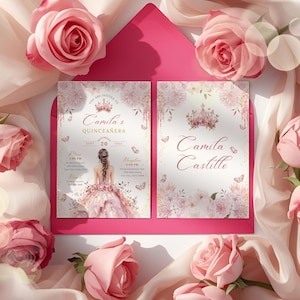 A printable pink and gold quinceañera invitation template featuring a watercolor flower border, a princess in a pink gown facing away, delicate butterflies, and a tiara design. Editable digital file for Mis Quince Años or Sweet 15 celebration.