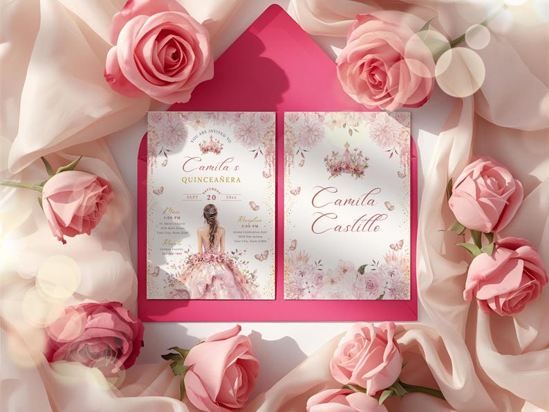 A printable pink and gold quinceañera invitation template featuring a watercolor flower border, a princess in a pink gown facing away, delicate butterflies, and a tiara design. Editable digital file for Mis Quince Años or Sweet 15 celebration.