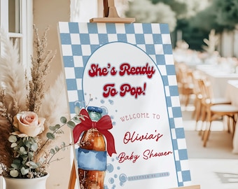She’s Ready To Pop Baby Shower Welcome Sign Boy, Editable Blue Red Soda Pop Welcome Poster, Retro Cola Diner Boy Baby Shower Decor, BS022