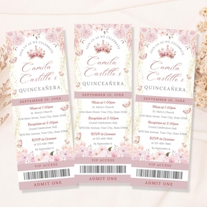 A printable pink and gold quinceañera invitation template featuring a watercolor flower border, a princess in a pink gown facing away, delicate butterflies, and a tiara design. Editable digital file for Mis Quince Años or Sweet 15 celebration.