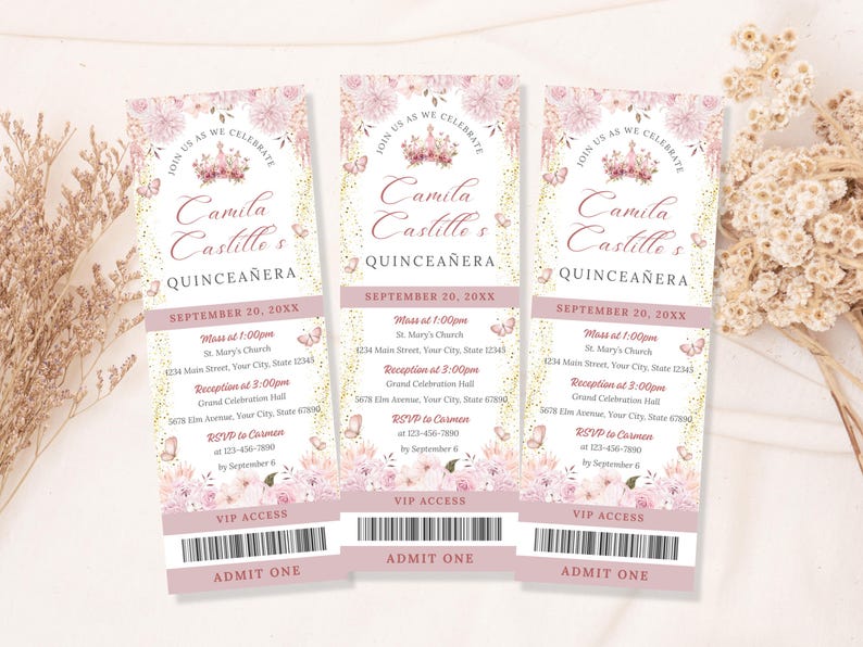 A printable pink and gold quinceañera invitation template featuring a watercolor flower border, a princess in a pink gown facing away, delicate butterflies, and a tiara design. Editable digital file for Mis Quince Años or Sweet 15 celebration.