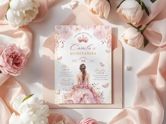 Editable Quinceañera Invitation Template, Pink Quinceanera Invite, Sweet 15 Invite, Mis Quince Años Invitacion, Quince Pink Digital, BA002