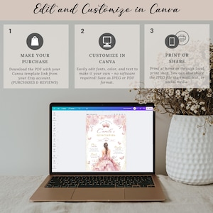 A printable pink and gold quinceañera invitation template featuring a watercolor flower border, a princess in a pink gown facing away, delicate butterflies, and a tiara design. Editable digital file for Mis Quince Años or Sweet 15 celebration.
