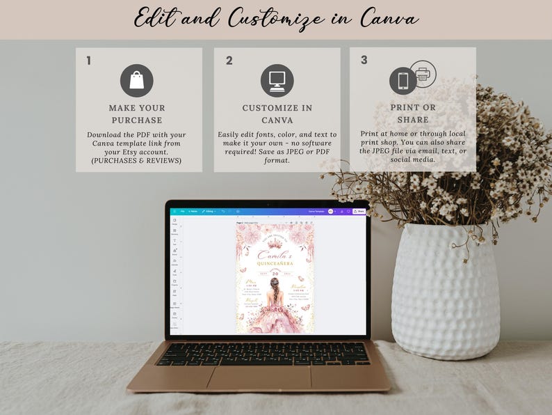 A printable pink and gold quinceañera invitation template featuring a watercolor flower border, a princess in a pink gown facing away, delicate butterflies, and a tiara design. Editable digital file for Mis Quince Años or Sweet 15 celebration.