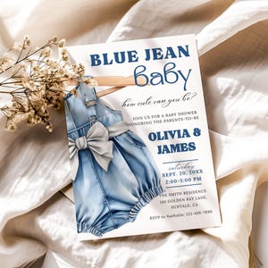 Blue Jean Baby Shower Invitation Girl, Editable Denim Romper Baby Shower Template, Blue Jean Baby Shower Invite, Denim Baby Invite, BS011