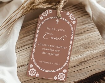 Mi Bautizo Favor Tag Mall, Redigerbar Terracotta Cielito Lindo Talavera Baptism Favor Tag, Bautizo Papel Picado Spanish, BP003
