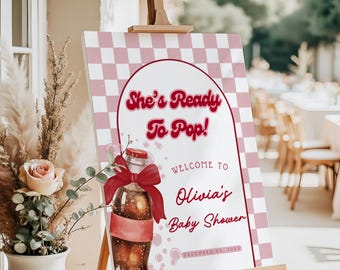 Letrero de bienvenida para baby shower "She's Ready To Pop Girl", póster de bienvenida editable de refresco rosa y rojo, decoración retro de cafetería con cola para baby shower de niña, BS022