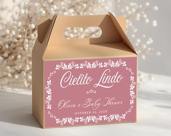 Editable Pink Cielito Lindo Gable Box Label Template, Printable Mexican Talavera Gift Box Sticker, Fiesta Party Favor Box Label, BS004