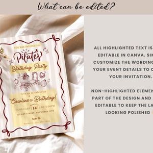 A soft and elegant Pilates birthday invitation featuring hand-drawn Pilates reformer illustrations, Pilates accessories, and minimal line art in a neutral beige and deep red color palette. This editable Pilates birthday party invitation template is designed with subtle stripes, a whimsical border, and modern script typography, perfect for a Pilates-themed birthday celebration or fitness party.
