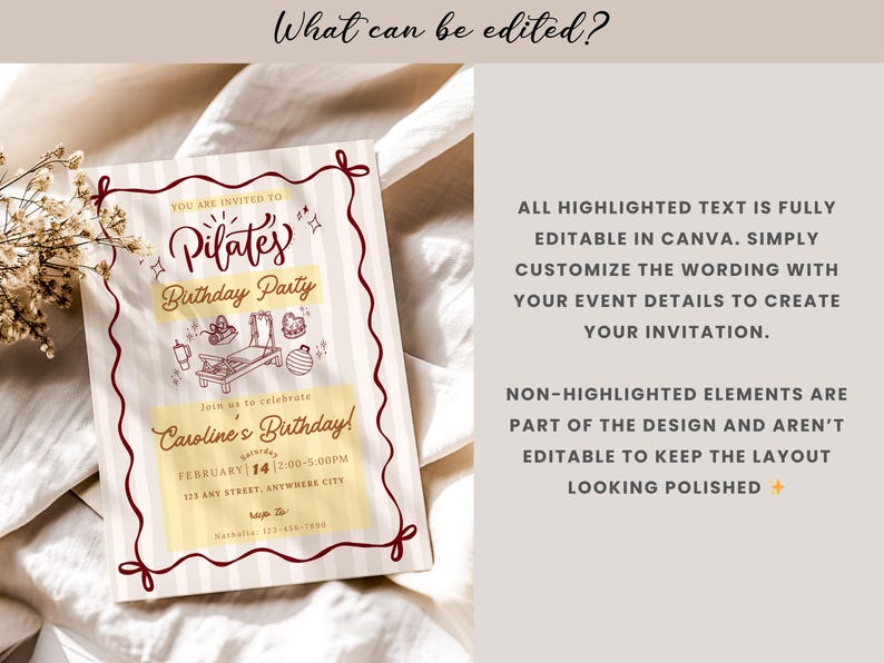 A soft and elegant Pilates birthday invitation featuring hand-drawn Pilates reformer illustrations, Pilates accessories, and minimal line art in a neutral beige and deep red color palette. This editable Pilates birthday party invitation template is designed with subtle stripes, a whimsical border, and modern script typography, perfect for a Pilates-themed birthday celebration or fitness party.