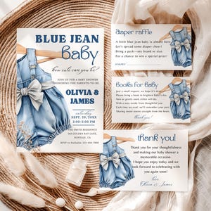 Blue Jean Baby Shower Invitation Bundle, Denim Romper Baby Shower Template Girl, Editable Denim Baby Shower Invite, Denim Baby Invite, BS011
