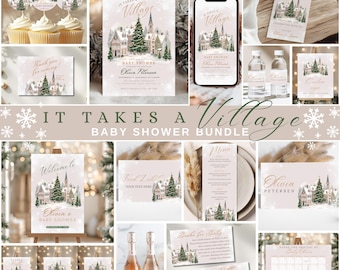 May include: A baby shower bundle with a winter village theme. The bundle includes invitations, cupcake toppers, welcome signs, food labels, menu cards, and more. The design features a snowy village scene with a Christmas tree.