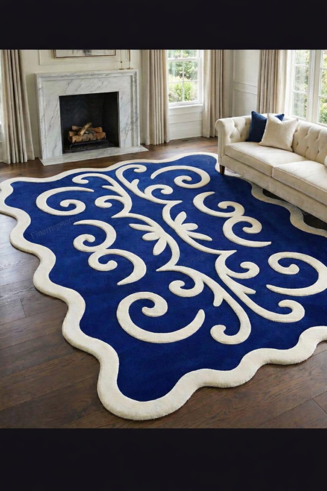 Luxury Royal Blue & Ivory Floral Hand Tufted Rug – Elegant Scalloped ...
